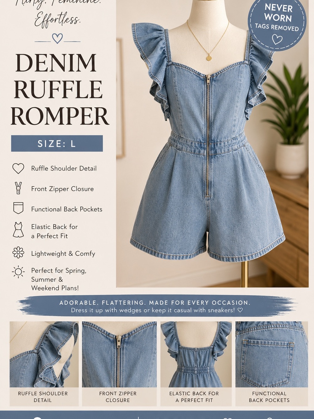 Denim Ruffle Romper - Blue - SHEIN